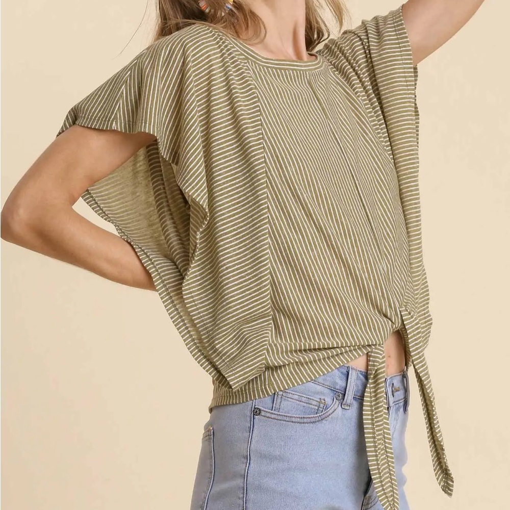 NWT UMGEE Bohemian Olive Stripe Tie Front Top S M L